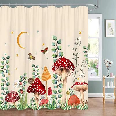 Mushroom Shower Curtain Retro Mushrooms Butterfly Floral Boho Moon Stars Botanical Wildflower Green Plant Aesthetic Bath Curtain
