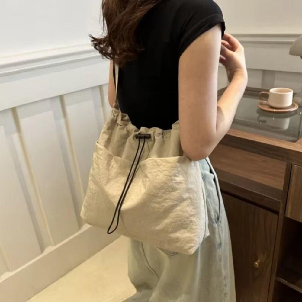 Solid Color Versatile Shoulder Bag Oxford Cloth Drawstring Shoulder Bag  Summer Popular