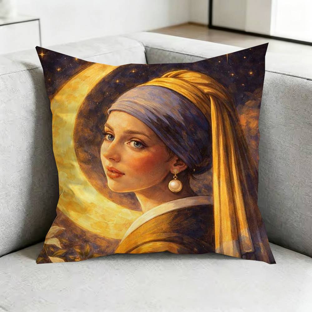 Girl With A Pearl Earring V-Vermeer Square Double-Sided printed Pillow Case Bedroom Bedside Pillow Sofa Cushion Cover Gift