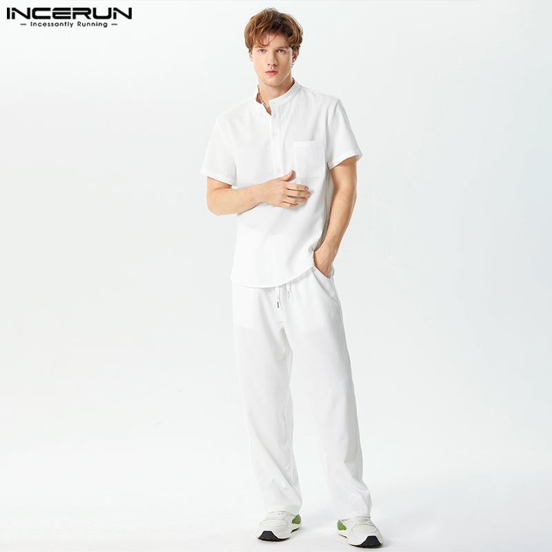 

INCERUN 2 шт., мужские комплекты с воротником-стойкой и длинными брюками на пуговицах