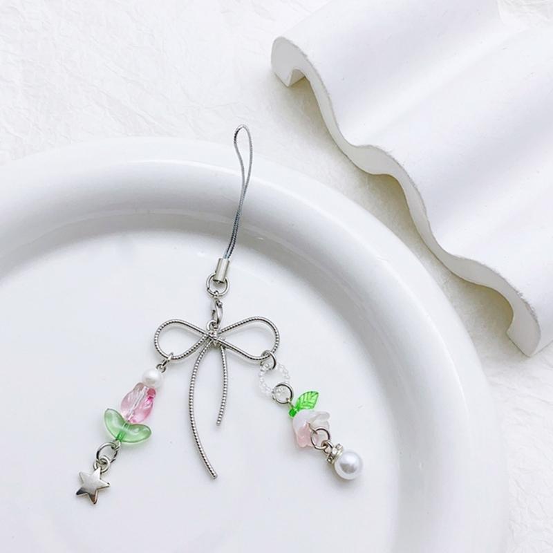Lovely Beaded Bowknot Phone Strap Charm Pendant with Star Accents Sturdy Handbag Adornment Craft Supplies for Girls