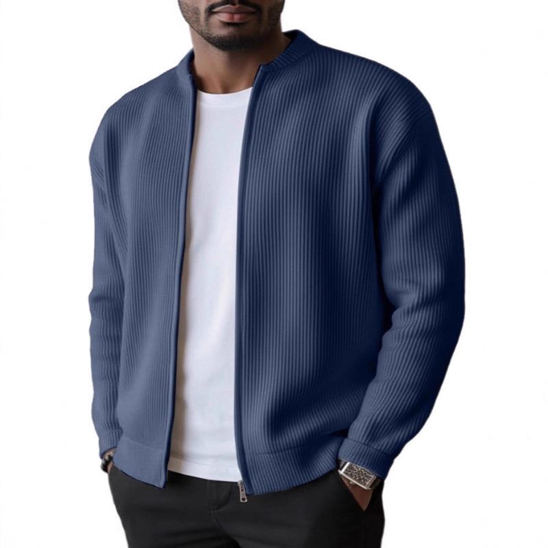 Men's Black Corduroy Casual Coat Full-Zip Stand Collar Long Sleeve Solid Color Versatile Jacket Daily Wear Outerwear