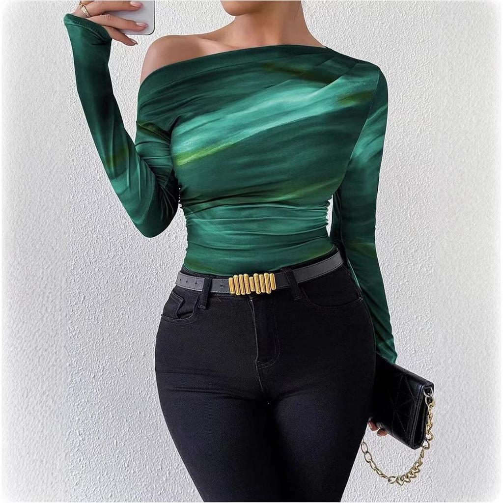 2024 Autumn Off-Shoulder Slim Fit Long-Sleeve T-Shirt with Stylish Print