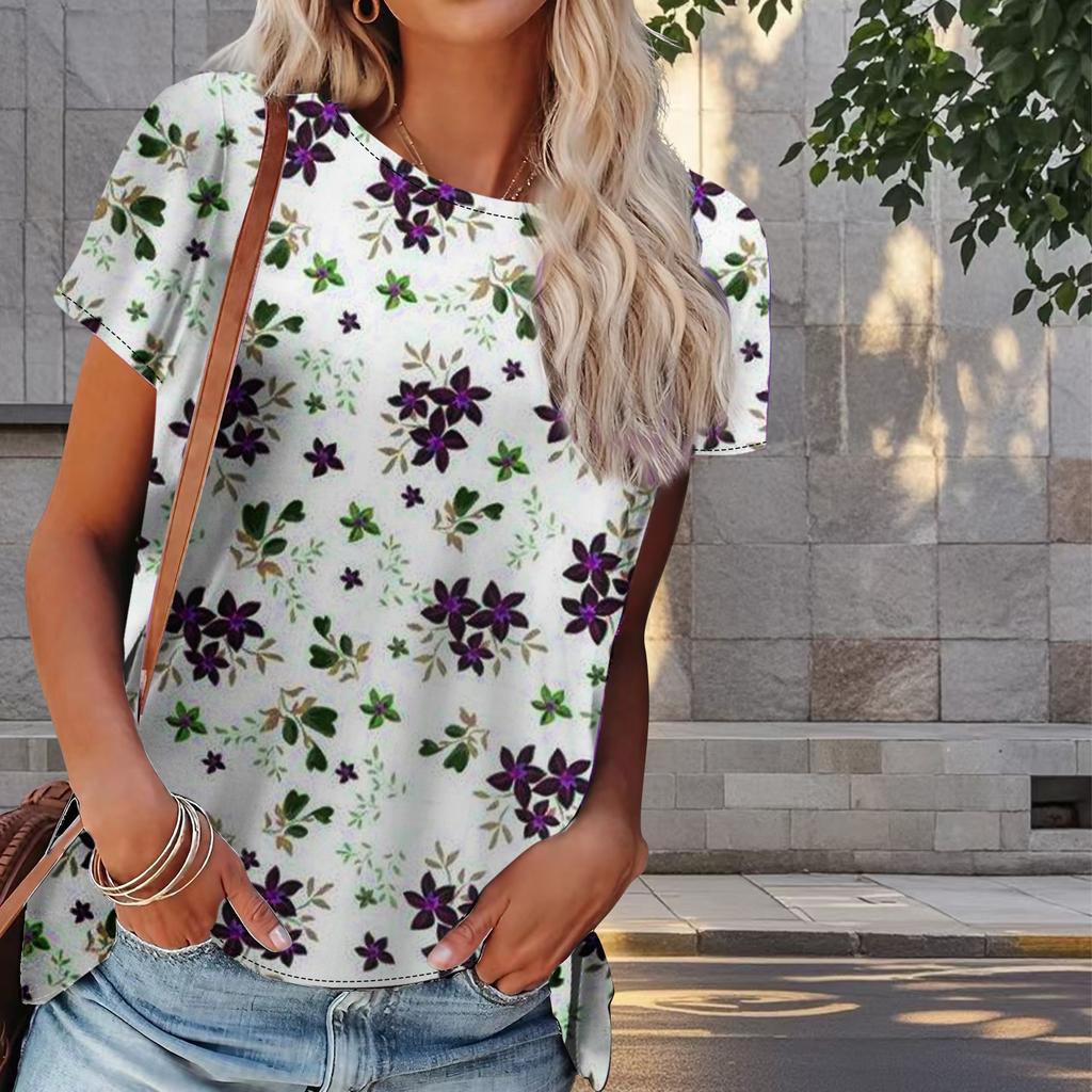 Damen Sommer T-Shirt Blumendruck Retro Mode Kurzarm T-Shirts Casual Printed Tops