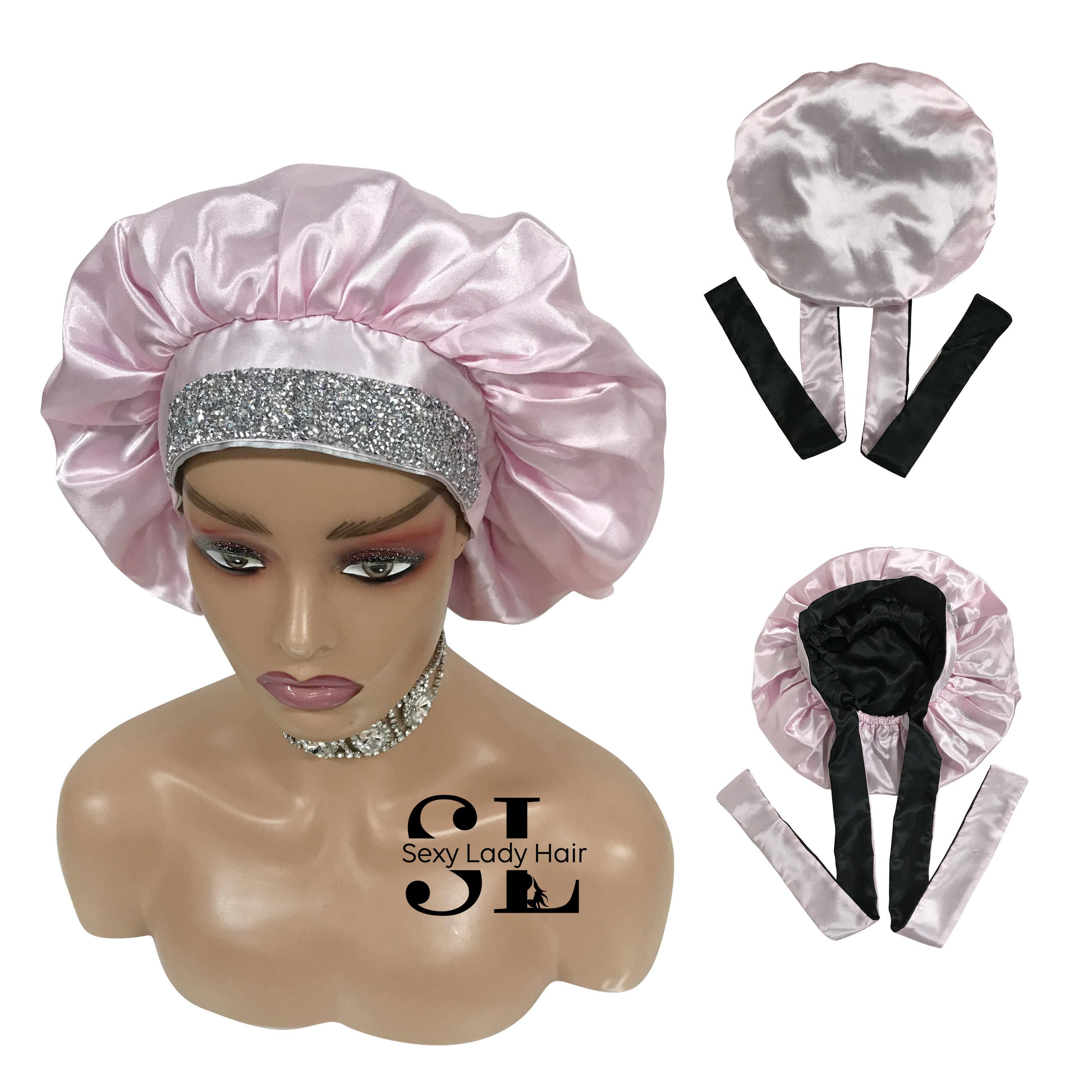 Factory Price Custom Logo Glitter Diamond Satin Bonnets with Rhinestone Band Double Layer Bonnets and Satin Hair Edge Wraps