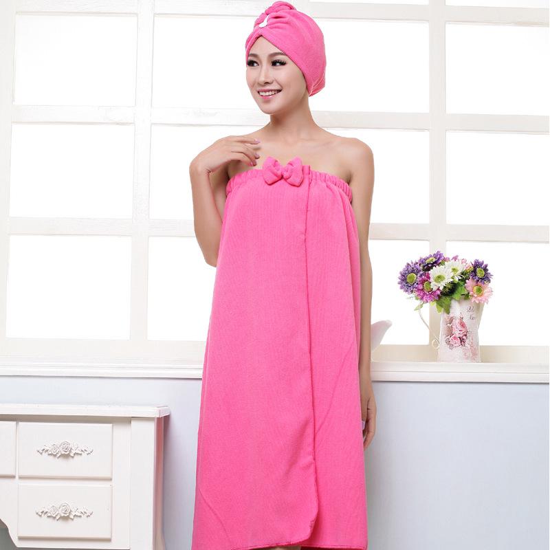 Women's Cute Bowknot Quick-Dry Bath Towel Spa Wraps and Shower Cap Bathrobe Set