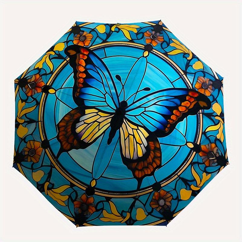 Stunning Butterfly Stained Window PanelUmbrella, Portable 3-Fold Compact Umbrella,Christmas Gift ES533