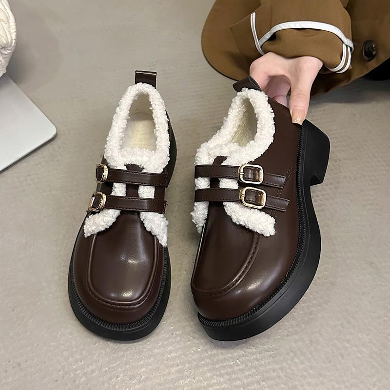 Fashion British Style Leather Shoes for Girls Winter 2024 Thick Soled Lamb Wool Warm Uniform School Cotton Shoes Plush PU Woman