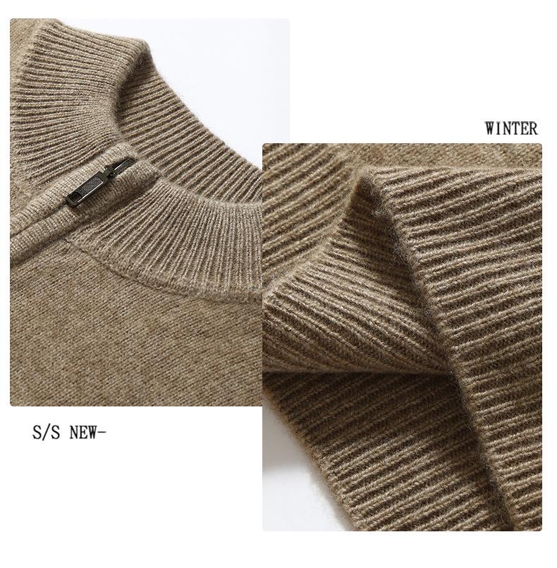 Men's Cashmere Knit Zipper Sweater - Solid Color, Loose Fit, Half-High Collar, Autumn/Winter Collection