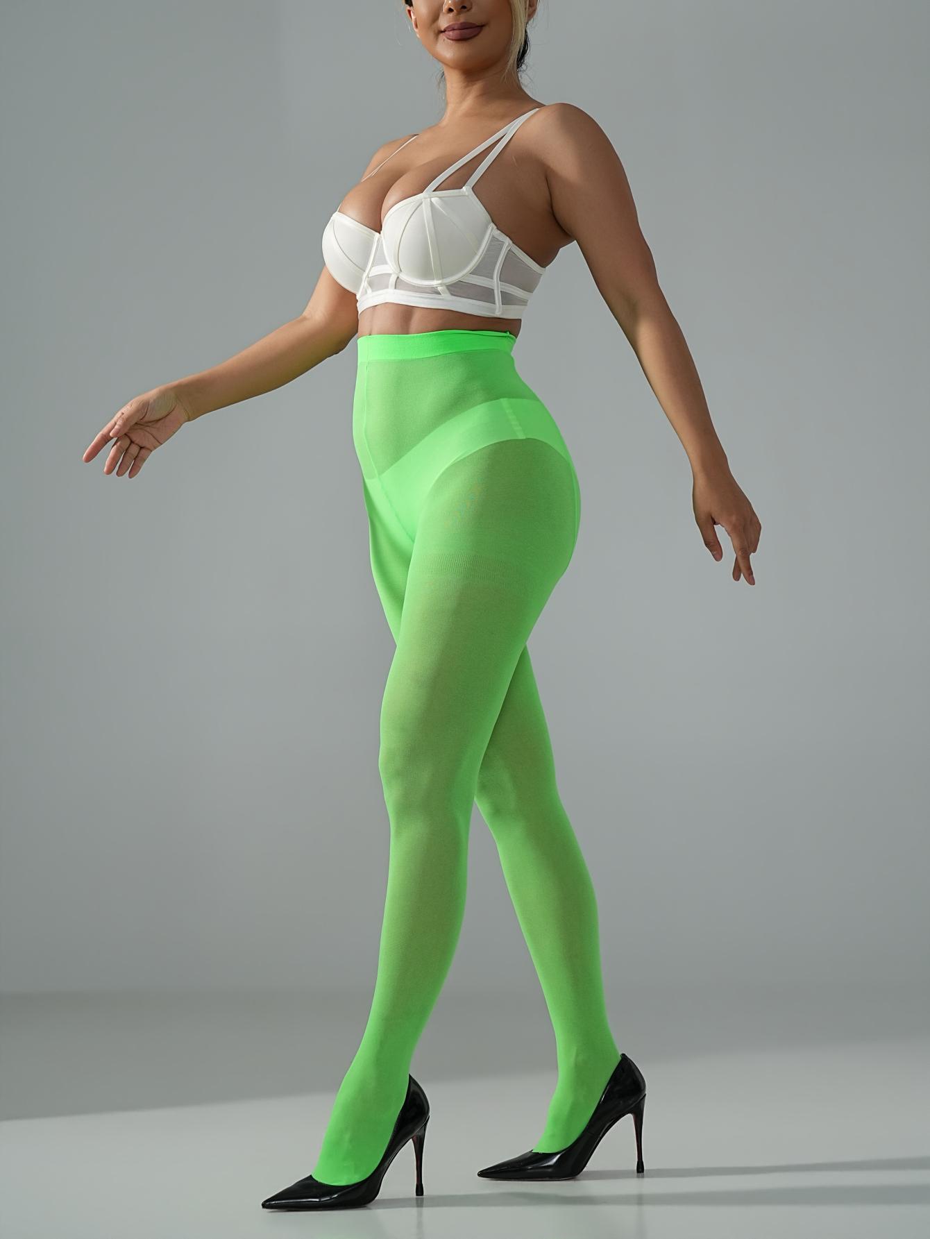 1 Paar Damen Grüne Kompressionsformende Strumpfhosen Hoher Bund Transparent Sexy Lässige Strumpfhosen L green