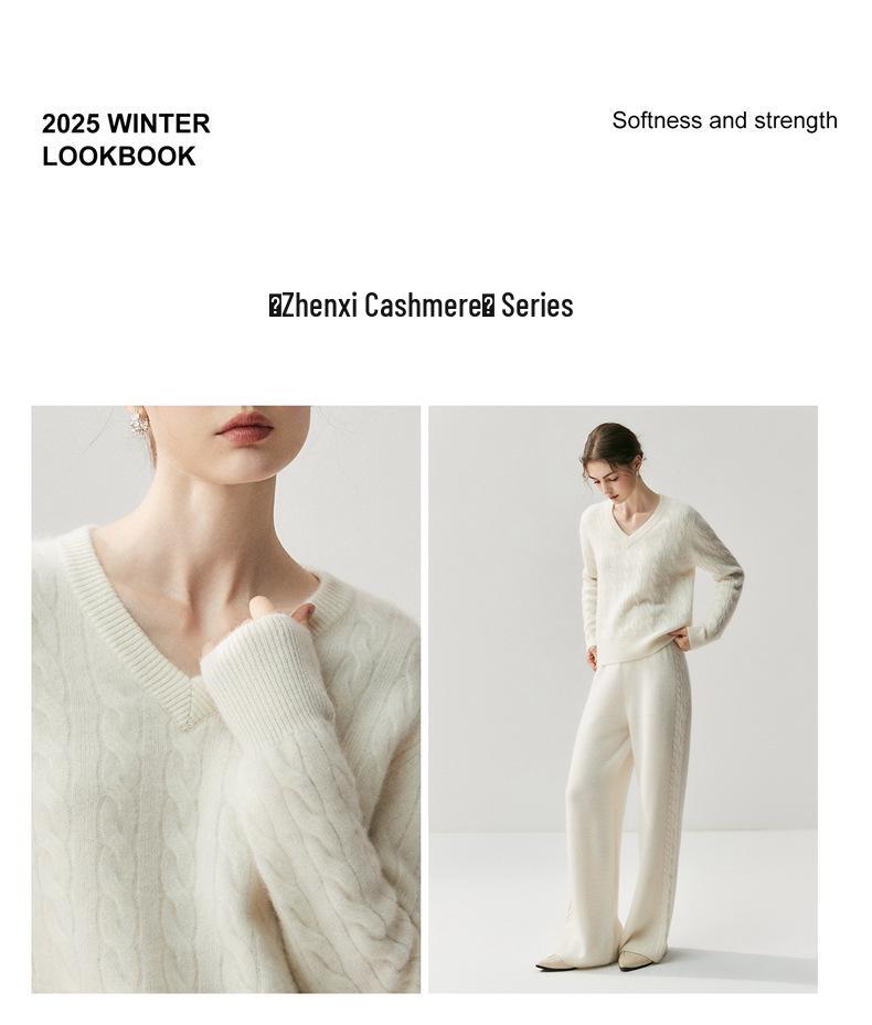 Meng Yi Women's Thick Cable Knit Cashmere V-Neck Sweater - Slimming, Elegant, Loose Fit for Autumn/Winter
