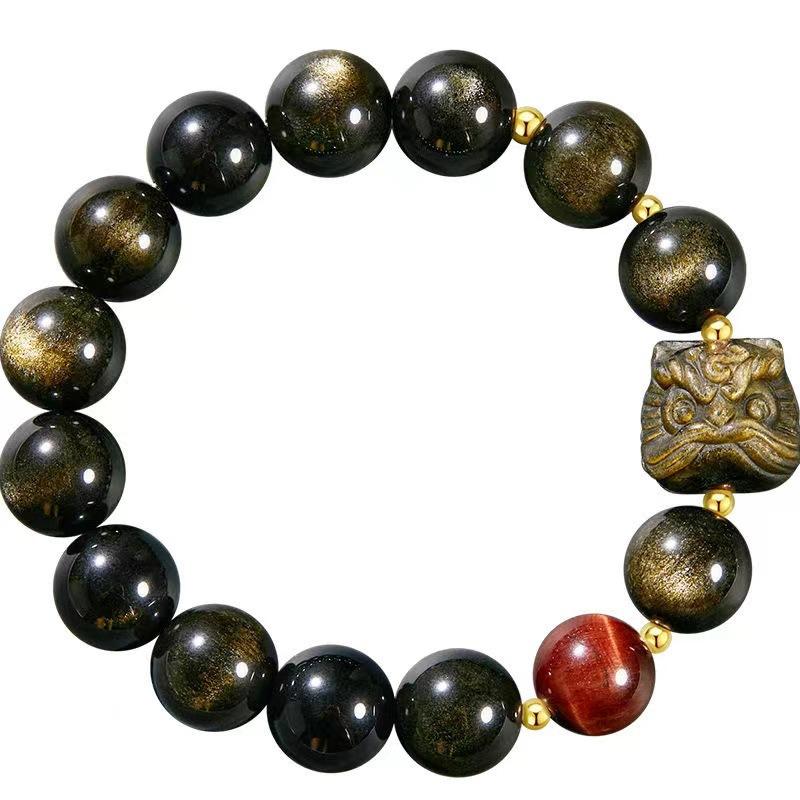 Natürlicher Obsidian Silber Yaoshi Löwentanz Überragend Herrenmode Vielseitiges Armband Gelbes Tigerauge Obsidian Löwentanz Armband