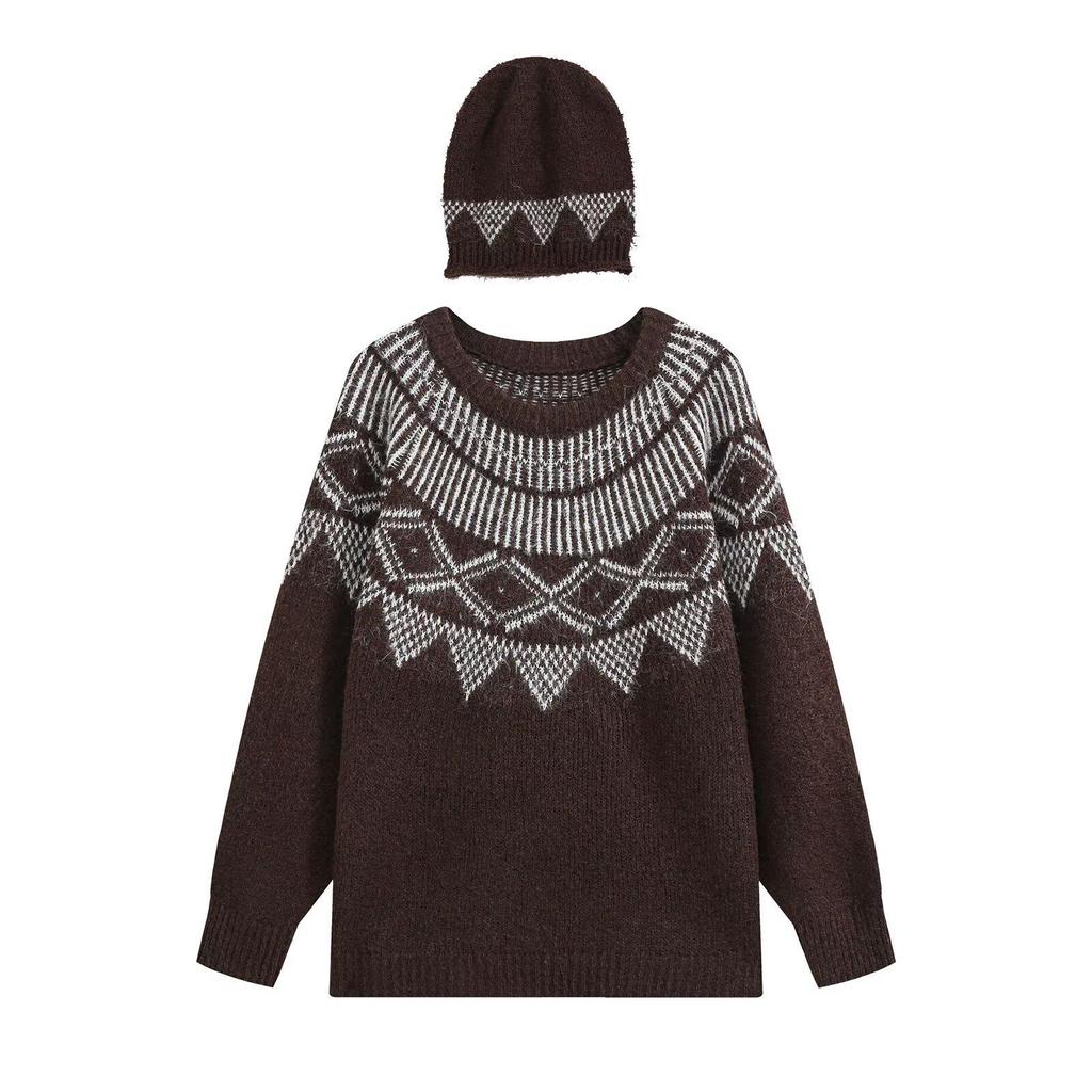 European & American 2026 Women's Fashion: Loose Jacquard Knit Sweater Set with Hat.