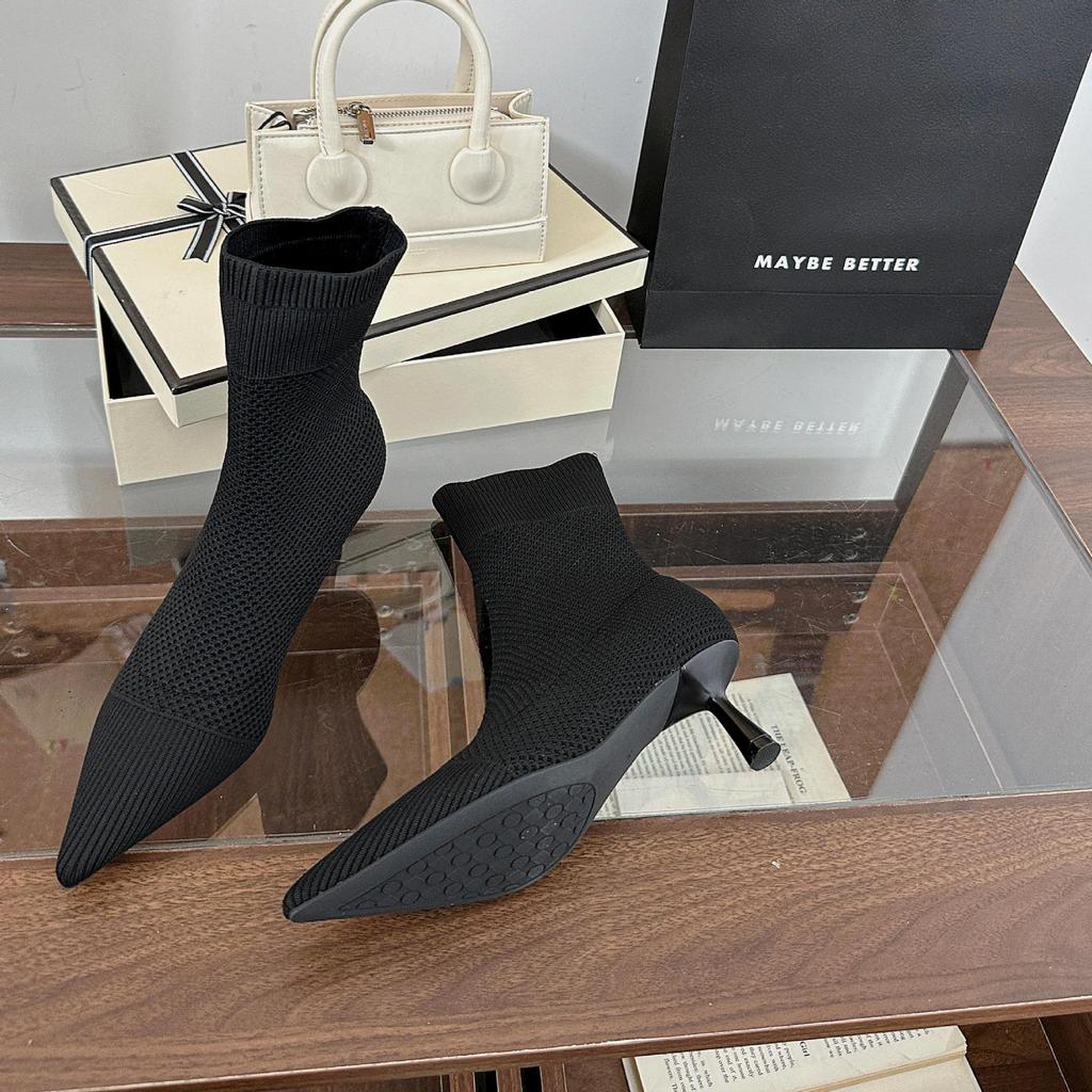 Flying woven high-heeled fashion boots for women, Europe, America 2025 spring and autumn new thin heels pointed sleeves elastic thin socks boots f