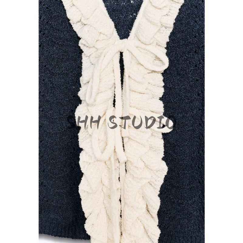 Summer New Product Women Clothes Holiday Style Bow Lace-up Contrast Color Laminated Decoration Sleeveless Top 8779636