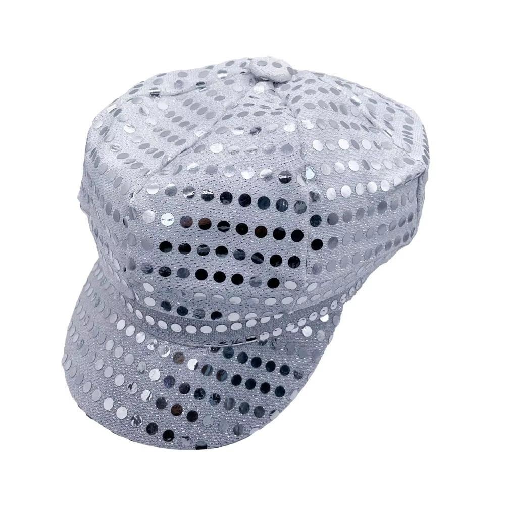 Берет с пайетками Кепка газетчика Блестящая танцевальная шляпа Ретро восьмиугольная кепка Сценические выступления серебряный
