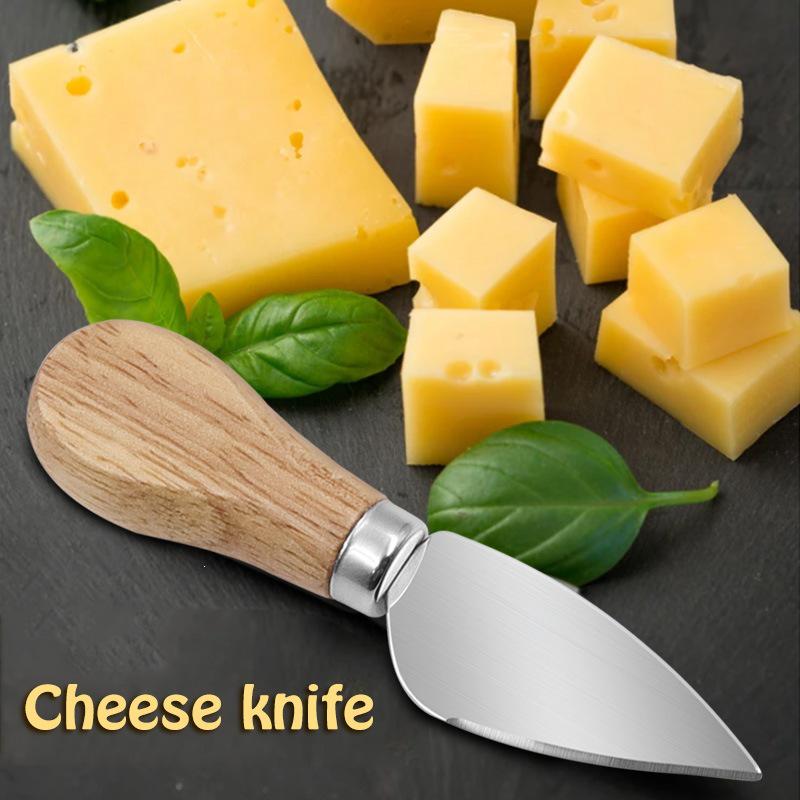 Stainless Steel Cheese Knife Set with Oak Handles: Butter Knife, Pizza Knife, Cheese Knife, and Fruit Fork (4-Piece)
