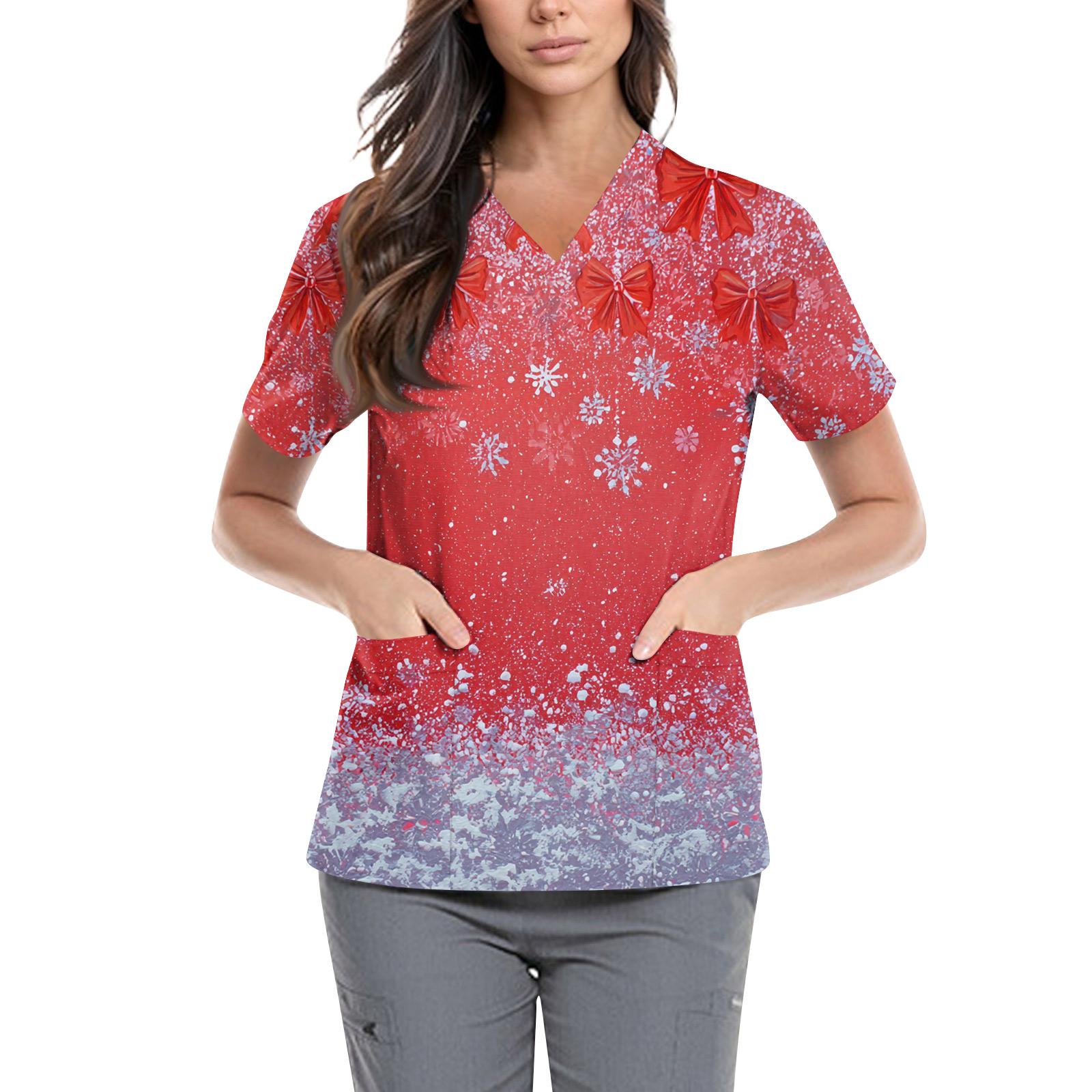 

Женская симпатичная принтованная рабочая одежда с V-образным вырезом, двухслойными карманами, базовым коротким рукавом, пуловером ко Дню святого Валентина M