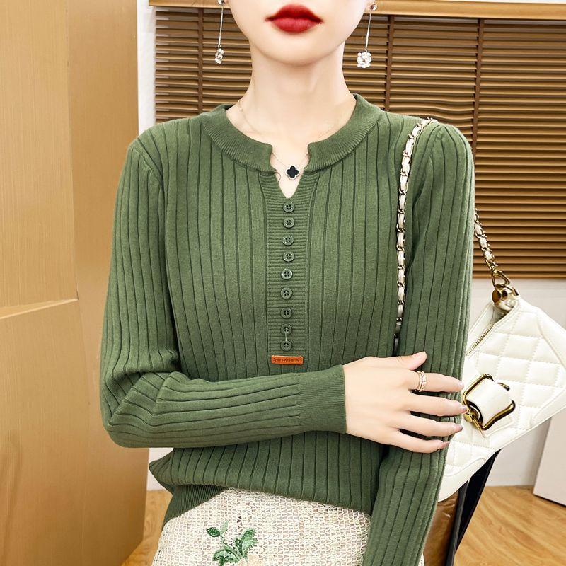 Autumn Winter Women Sweaters Pullovers V-Neck Solid Button Korean Fashion Casual Long Sleeve Thicken Bottoming Shirt Knit Tops