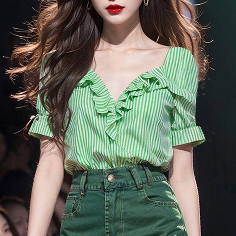 VONDA Women Summer Ruffled V Neck Short Sleeve Striped Casual T-shirts Tops