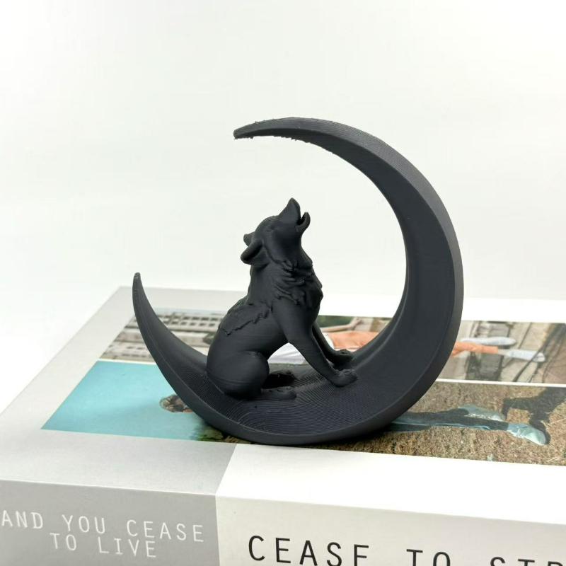 3D Printed Wolf and Moon High Aesthetic Creative Desk Decor Office Tabletop Mini Sculpture Modern Home Desktop Ornament Gift