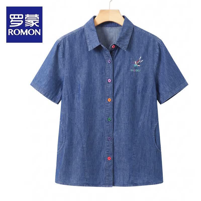 ROMON Women s Embroidered Cotton Denim Short-Sleeve Cardigan Shirt L синий