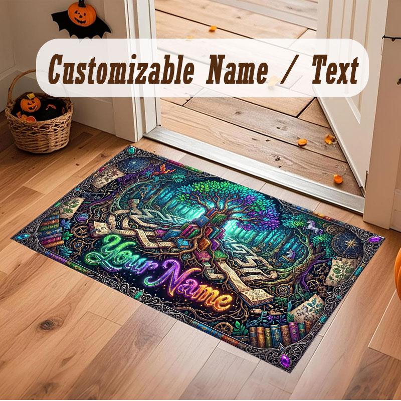 Mushroom Forest Theme Crystal Velvet Floor Rug Personalized Custom Name Text Warm Carpet Home Decoration