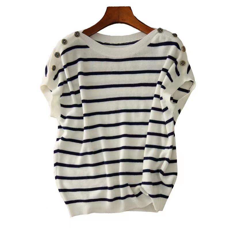 Timeless French Chic Striped Loose Drop-Shoulder Knitted Pullover for Women - Summer 2023