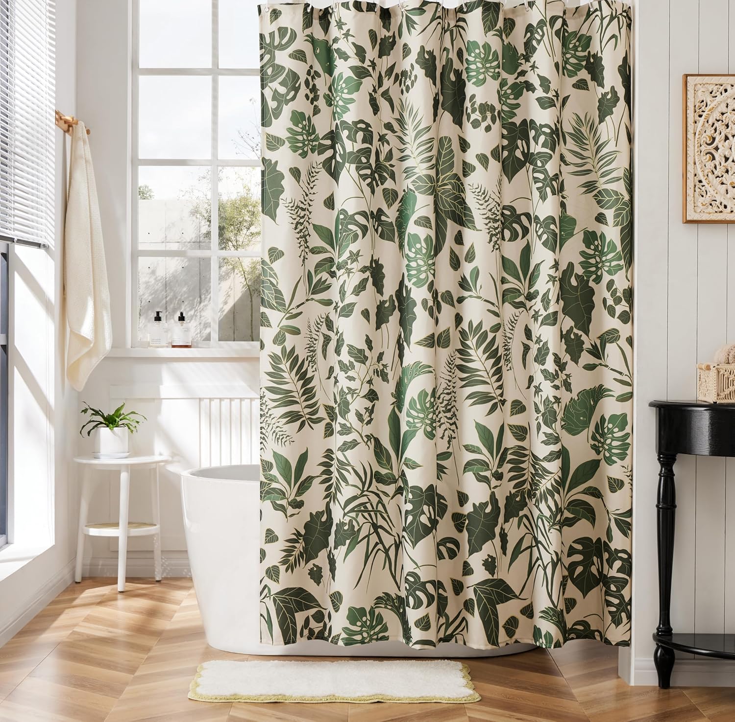 

Boho Green Floral Shower Curtain - Jungle Leaves Design, Waterproof Polyester W60H190(CM)-1 Pcs