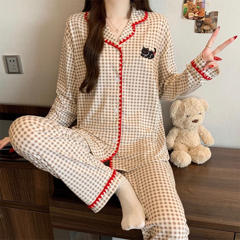 Roter gepunkteter Pyjama Damen High-End Frühling und Herbst Cartoon Muschel bestickter Rand Langarm Loungewear Set