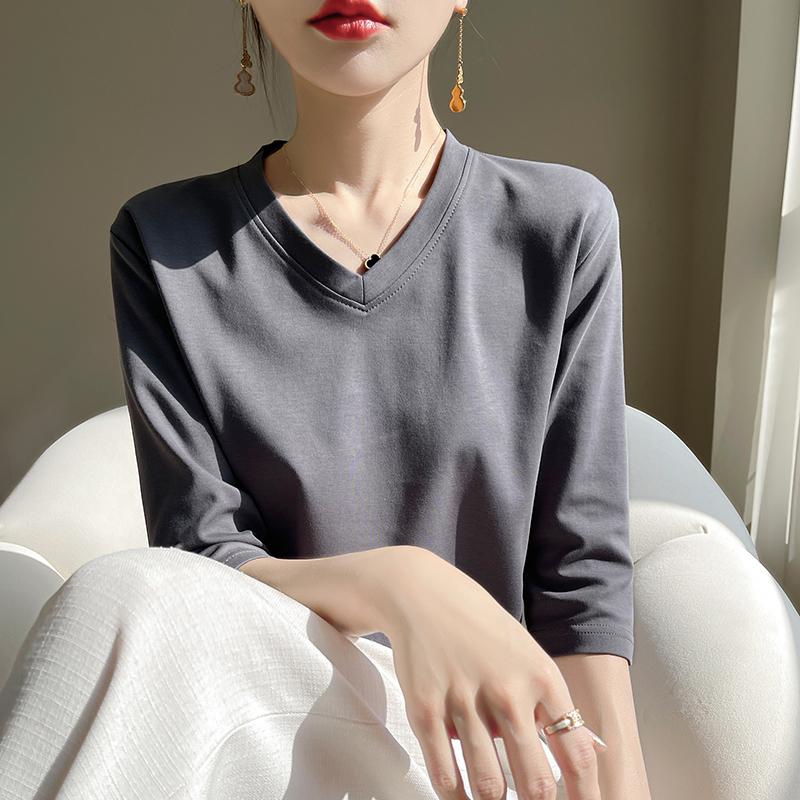 Spring And Summer White Mercerized Cotton Cropped Sleeve T-shirt Feminine Joker 100% Cotton Bottoming Shirt Half Sleeve