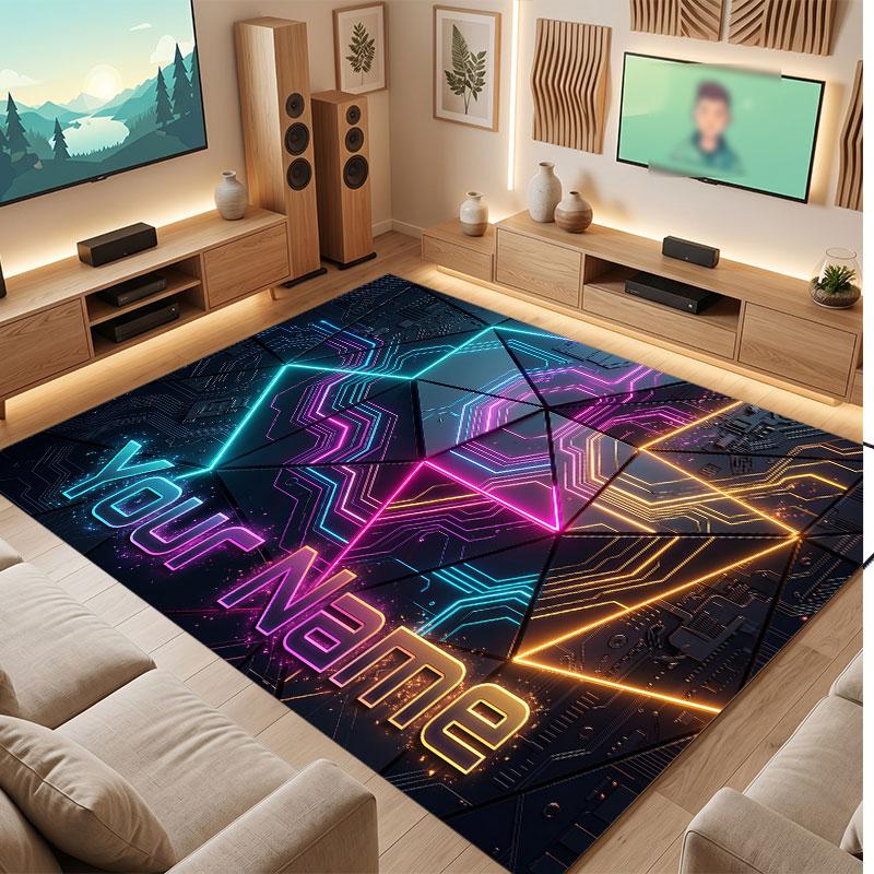 City Cyberpunk Theme Crystal Velvet Floor Rug Personalized Custom Name Text Warm Carpet Home Decoration