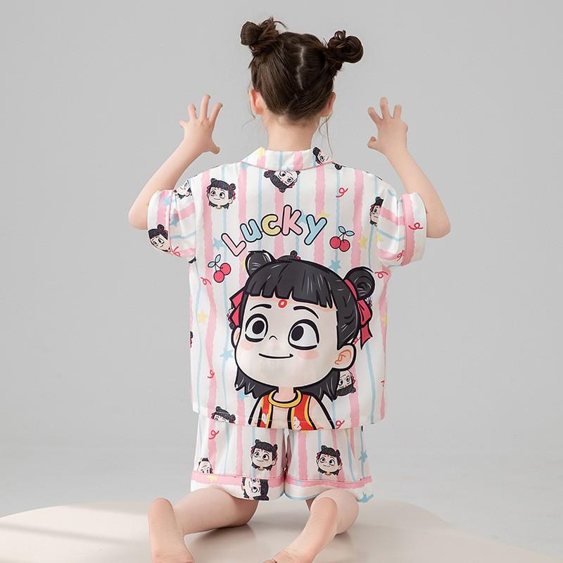 Girls Ice Silk Pajama Set Short Sleeve Cartoon Print Sleepwear Kids 8 Years