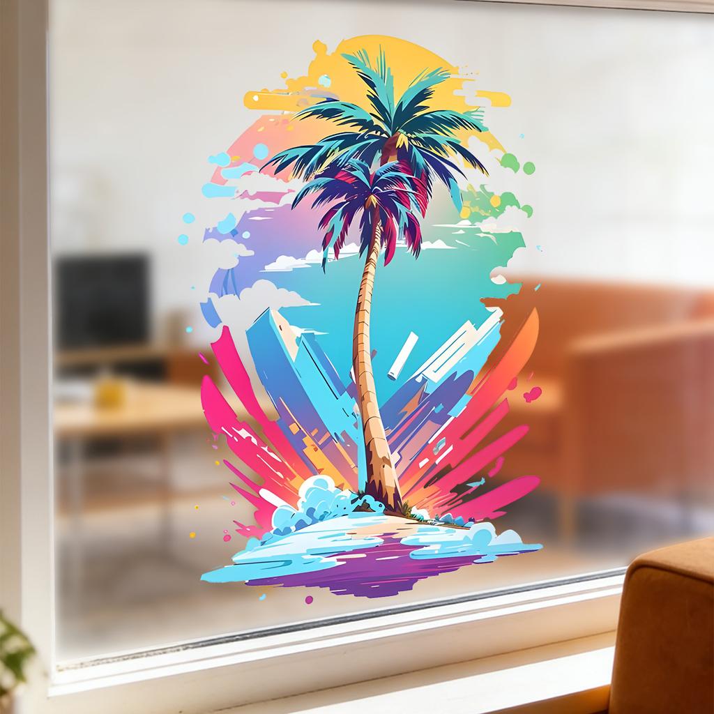 Static Cling Window Stickers Creative Doodle Coconut Tree for Kids Room Bedroom Kitchen Bathroom Glass Decor