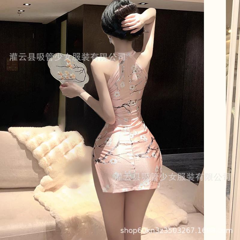 New Chinese-style modified retro neck printing slit sleeveless tight body elasticity