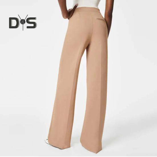 Women Pants Elastic High Waist Straight Wide Leg Pants with Pockets Buttons Decor Solid Color Slim-Fitting Tummy Control Work Trousers