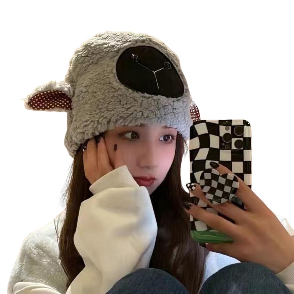 

Женская зимняя шапка в форме головы мультяшного ягненка с толстым флисом и куполом для ушей, сохраняющая тепло, реквизит для фотосъемки на открытом воздухе, повседневная кепка серый