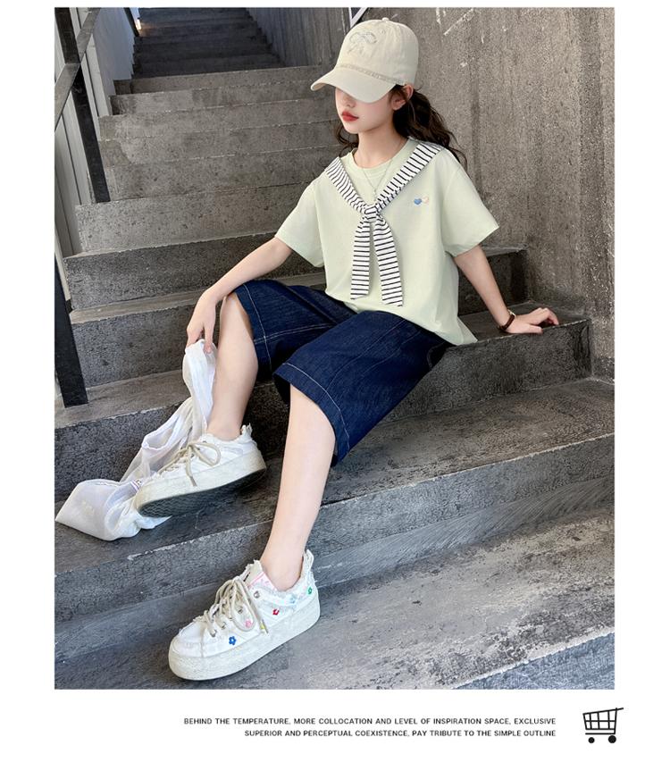 Girls' College Style Set 2026 Summer New Striped Tie T-shirt Clear Color Jeans Middle and Large Children's Two Piece Set