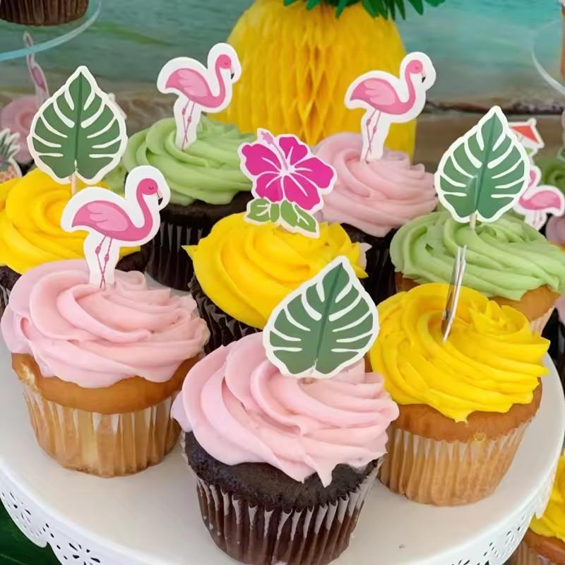 24 Stück Hawaiianische Cupcake-Topper Flamingo Ananas Palmblätter Zahnstocher Tropischer Sommer Strand Geburtstagsparty Kuchen Dekoration