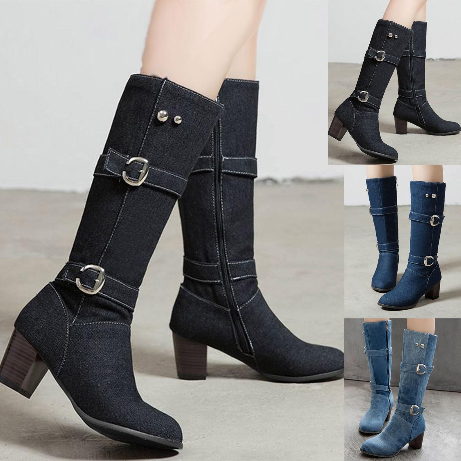 

Винтажные сапоги Короткие сапоги Ботинки среднего размера на толстом высоком каблуке Женские сапоги 39 темно-синий