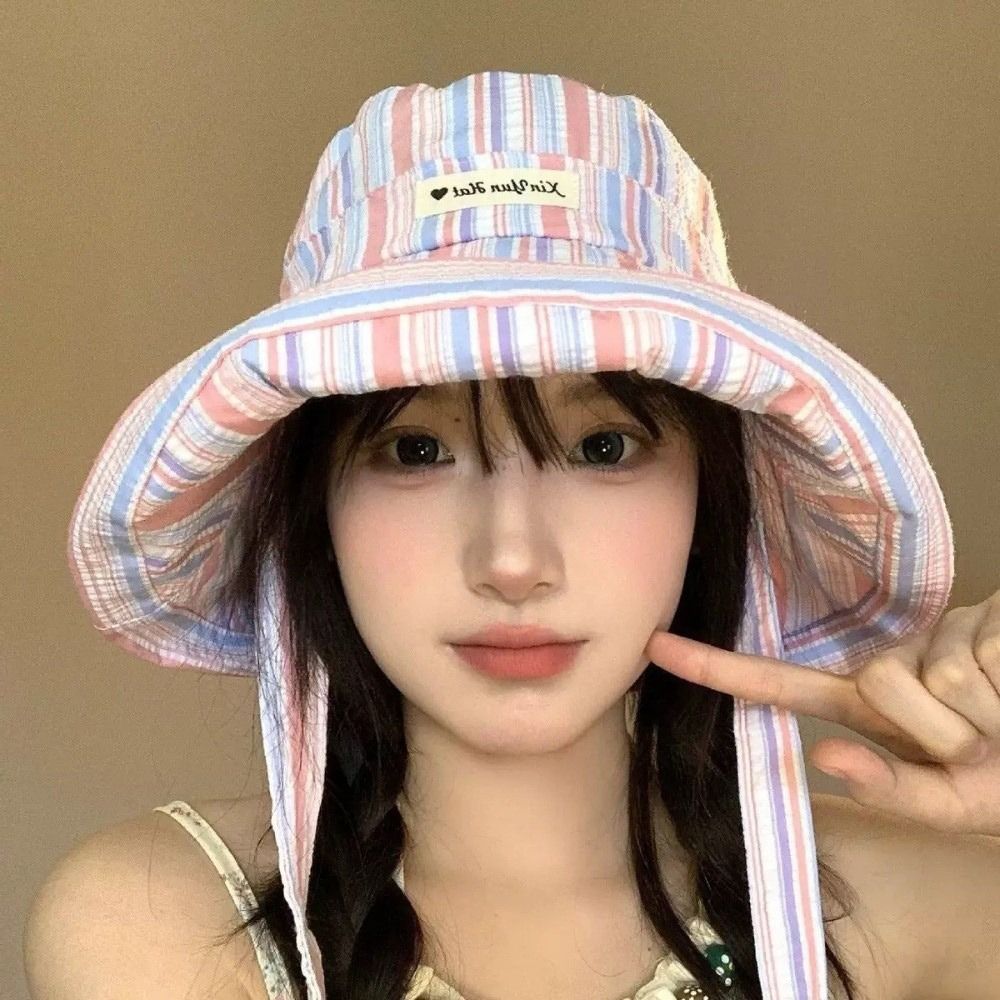 Large Brim Fisherman Hat Colorful Striped Summer Cap Korean Fashion Sun Hat  Women