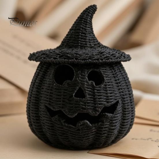 Black Braided Halloween Prop Handwoven Pumpkin Basket with Witch Hat Lid, Rustic Wicker Trick Fall Housewarming Gifts or Treat Bucket for Indoor