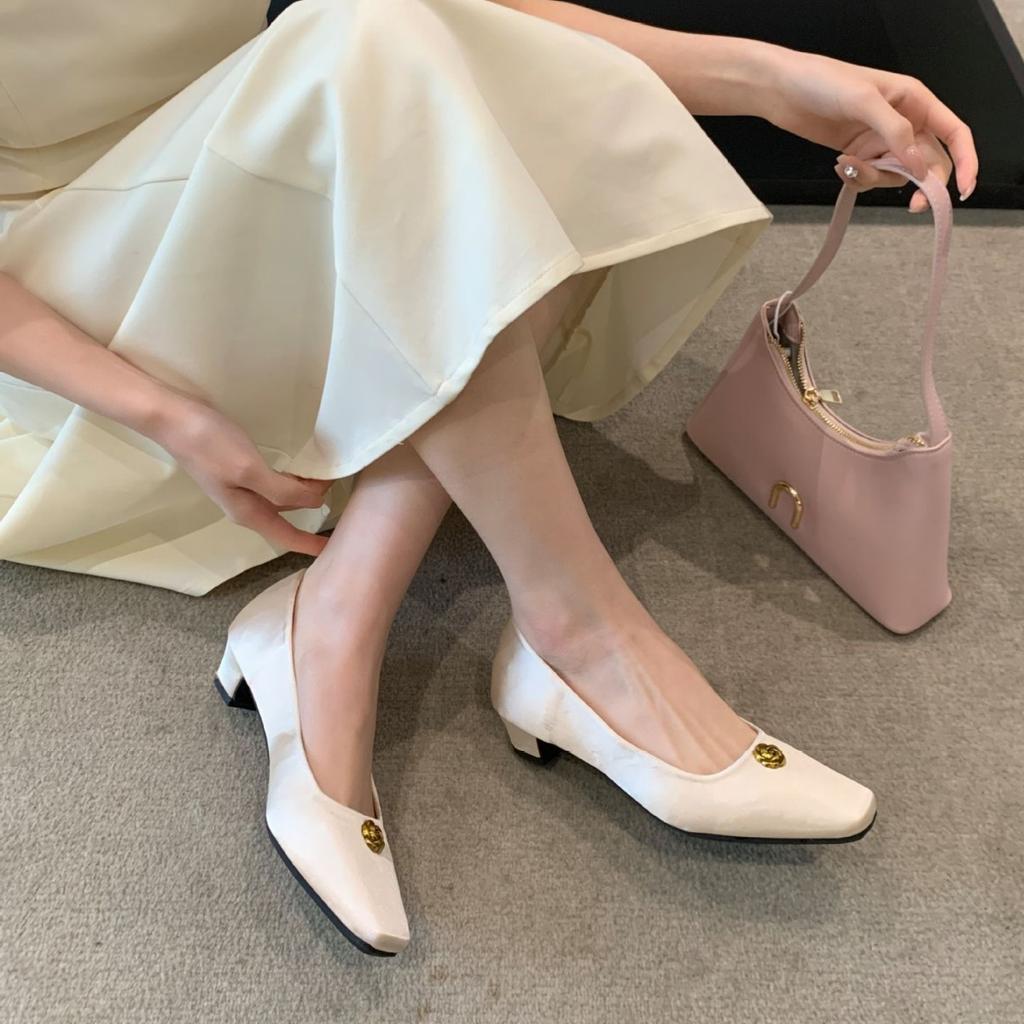 2025 Spring New Square Head Satin Rhinestone Buckle Sleeve Feet Mary Jane Thick Heel Shallow Mouth Versatile OL Evening Women's Shoes