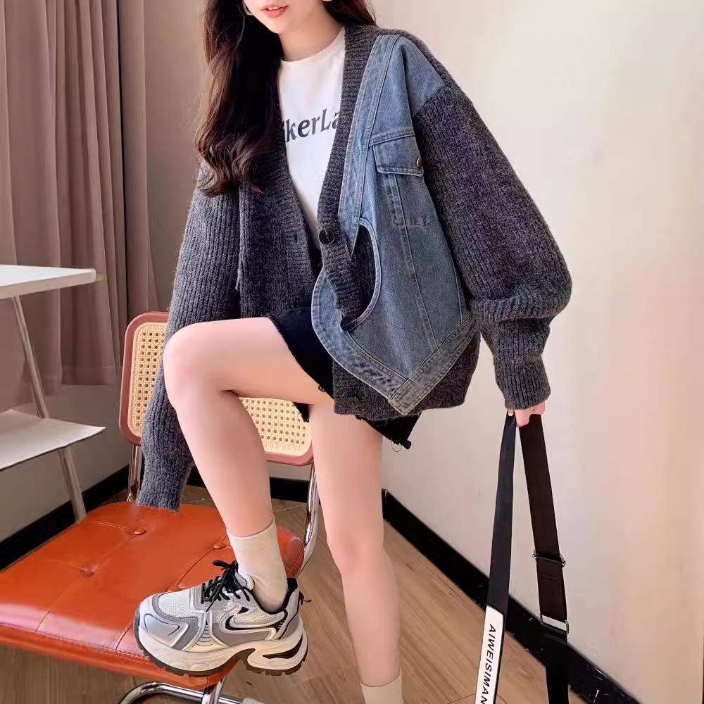 

Осенние женские свитера Короткая куртка Пэчворк Утепленное пальто Кардиган Вязание Карманы Свитер из двух частей One Size