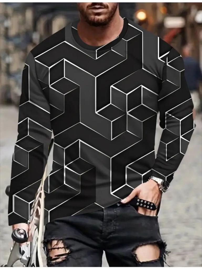 T Shirts for Man Geometric Block 3D Print Autumn Long Sleeve T-Shirt Pullover Casual Male Tops Street Lightweight Men's Clothes