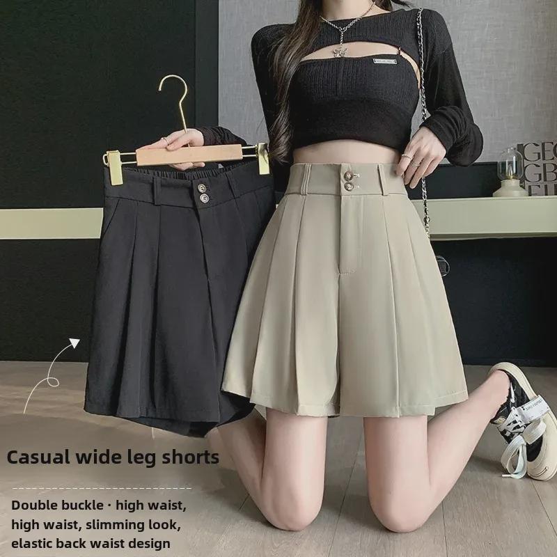 Women's Khaki Pleated A-Line Culotte Shorts - 2024 Summer Fashion Wide-Leg Style