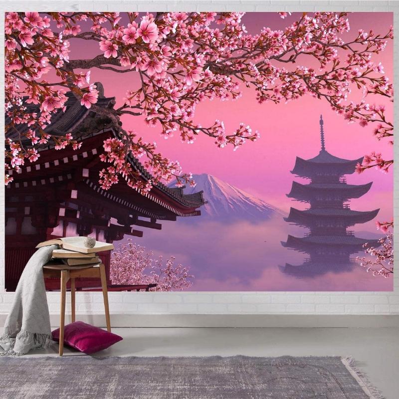 Romantic Sakura Tapestry, Japanese Temple And Pagoda With Cherry Blossoms Over Mount Fuji Wall Art For Aesthetic Room Decor 70x100CM