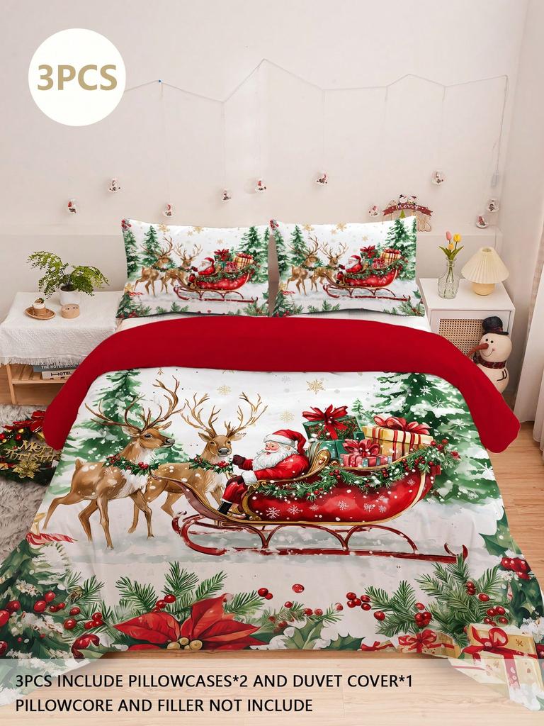 3-teiliges Weihnachts-Bettwäsche-Set:Weich & Bequem Aus Polyesterstoff Weihnachtsmann- & Schlittenmuster Geeignet Für Schlafzimmer
