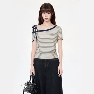 Korean Navy Blue Striped Diagonal Neck Off-shoulder Short-sleeved T-shirt Women's Summer New Design Slim-fitting and Thin Top