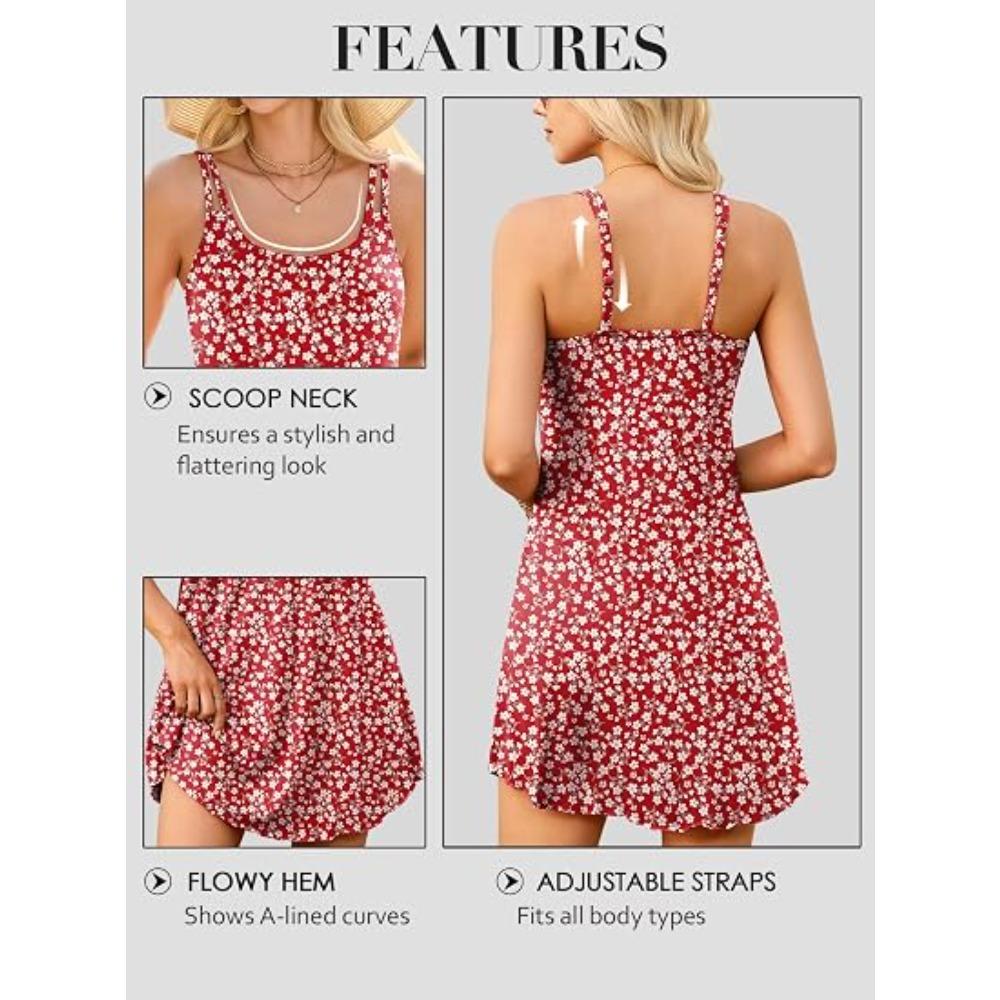 CHARMLEAKS Womens Summer Dresses with Built in Bra Double Spaghetti Strap Beach Dress Scoop Neck Sundresses with Pockets